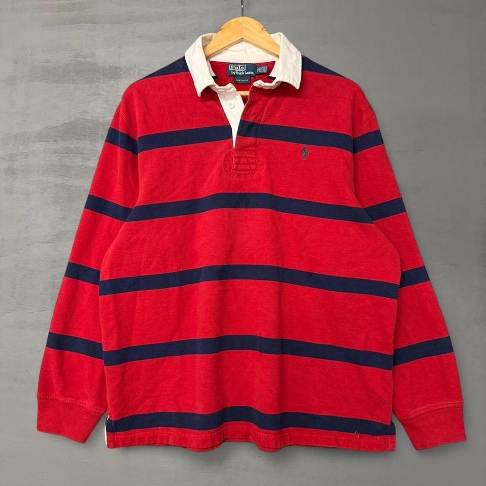 Polo Ralph Lauren Fleece Rugby Shirt Red Navy Blue Striped Custom Fit XL